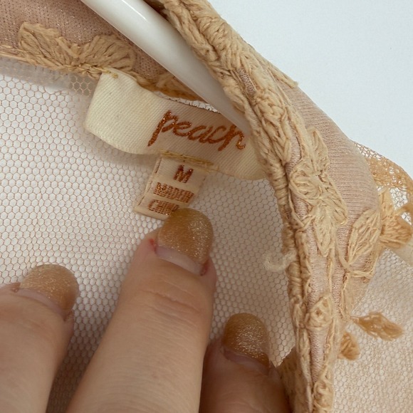 Peach Lace Sheer Blouse Mock Neck Puff Sleeve Romantic Top M As Is - Picture 7 of 9